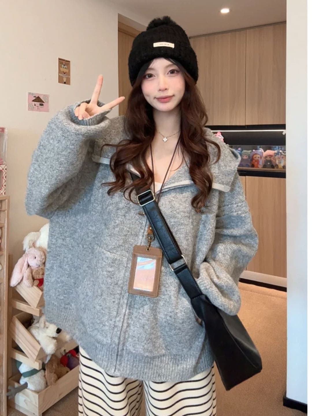 부드러운 느긋한 바람 핑크색 후드 지퍼 오픈 가디건 스웨터 여자 가을 겨울 두꺼운 루즈핏 다용도 니트 재킷 맨위 이미지 2