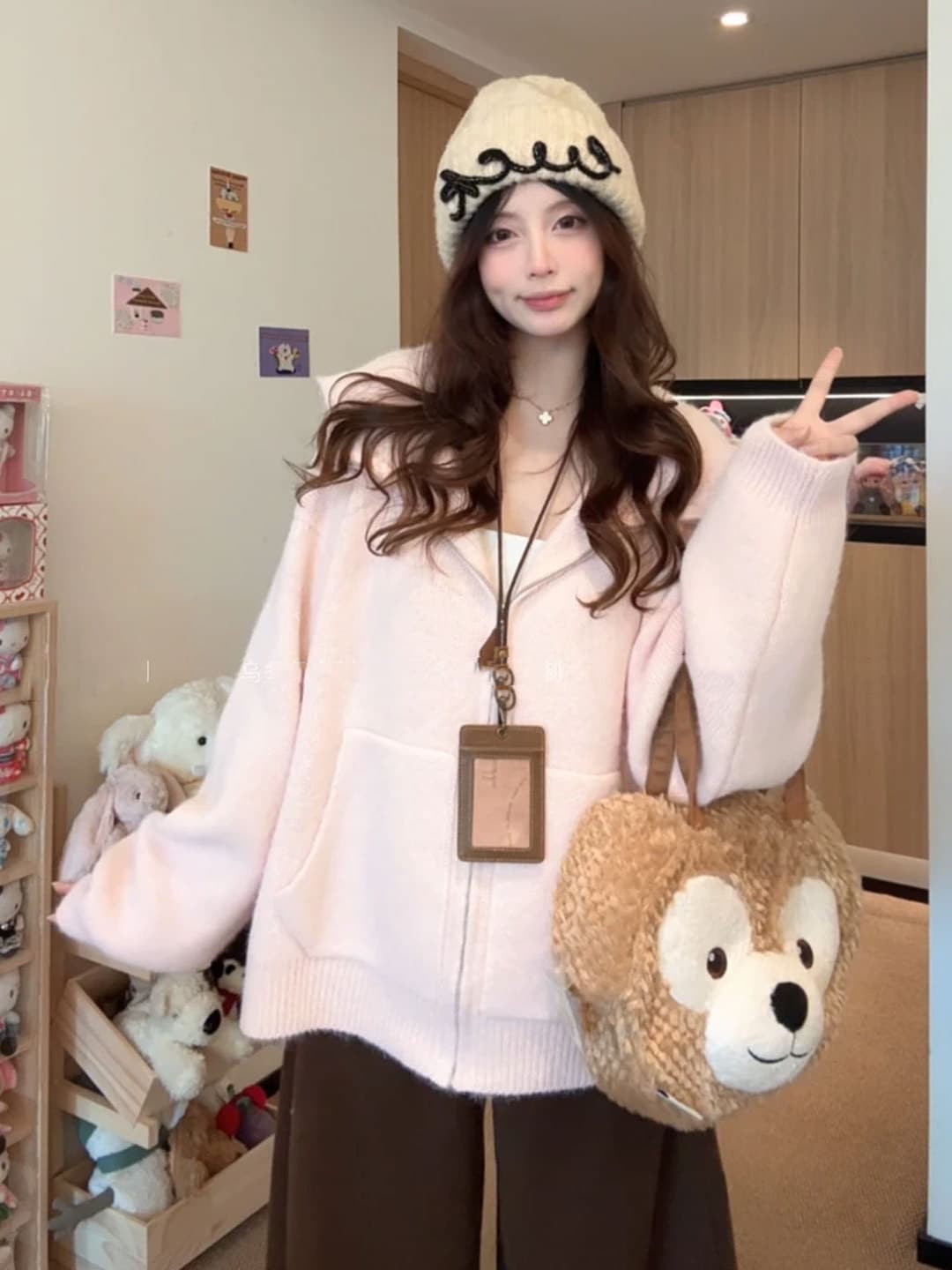 부드러운 느긋한 바람 핑크색 후드 지퍼 오픈 가디건 스웨터 여자 가을 겨울 두꺼운 루즈핏 다용도 니트 재킷 맨위 이미지 4