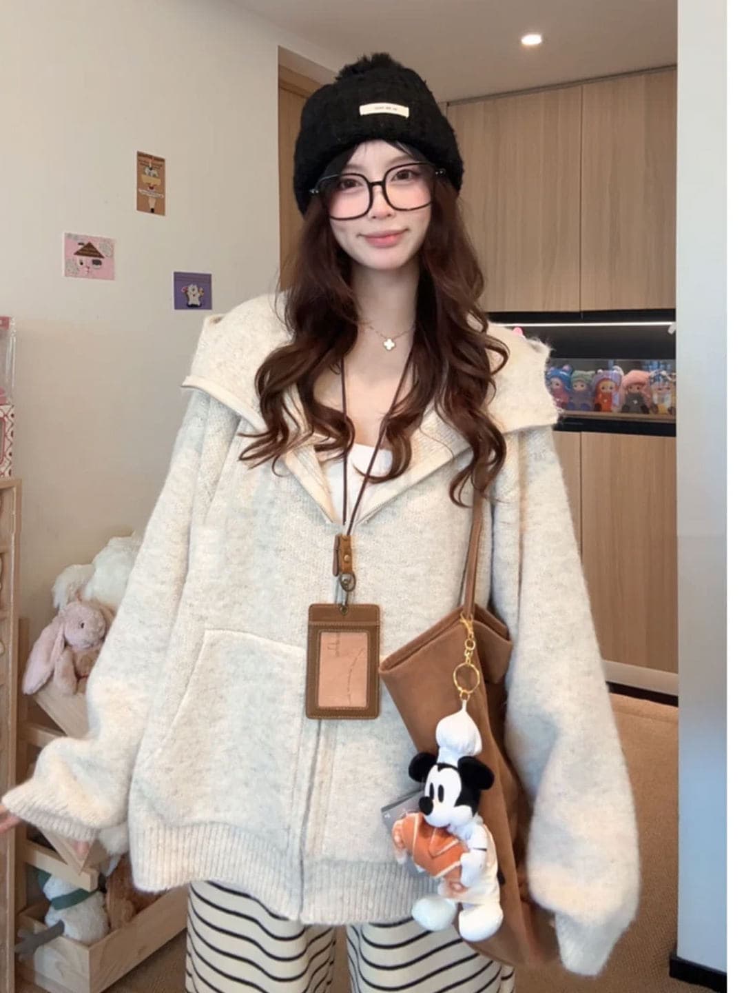 부드러운 느긋한 바람 핑크색 후드 지퍼 오픈 가디건 스웨터 여자 가을 겨울 두꺼운 루즈핏 다용도 니트 재킷 맨위