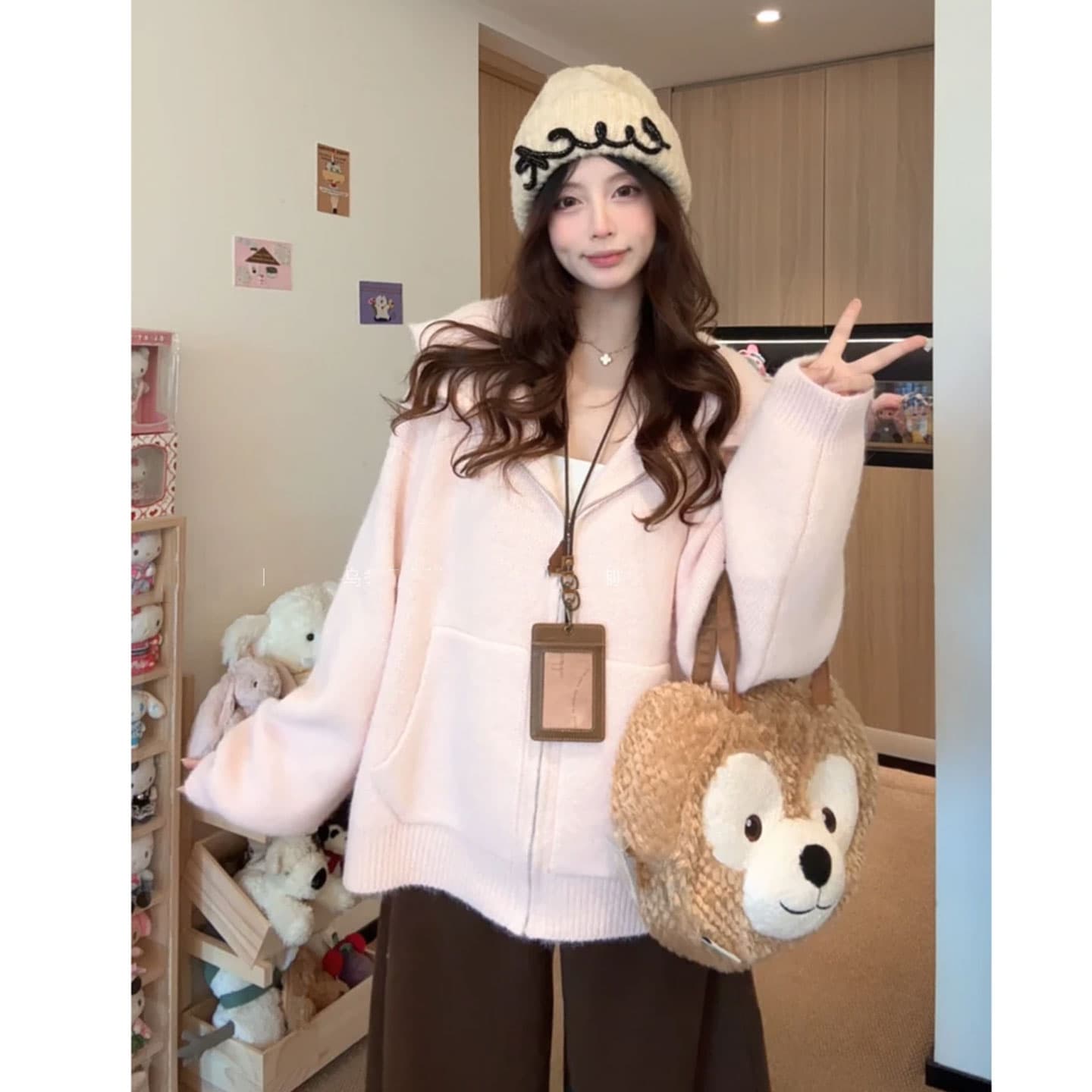 부드러운 느긋한 바람 핑크색 후드 지퍼 오픈 가디건 스웨터 여자 가을 겨울 두꺼운 루즈핏 다용도 니트 재킷 맨위 상세 이미지 1