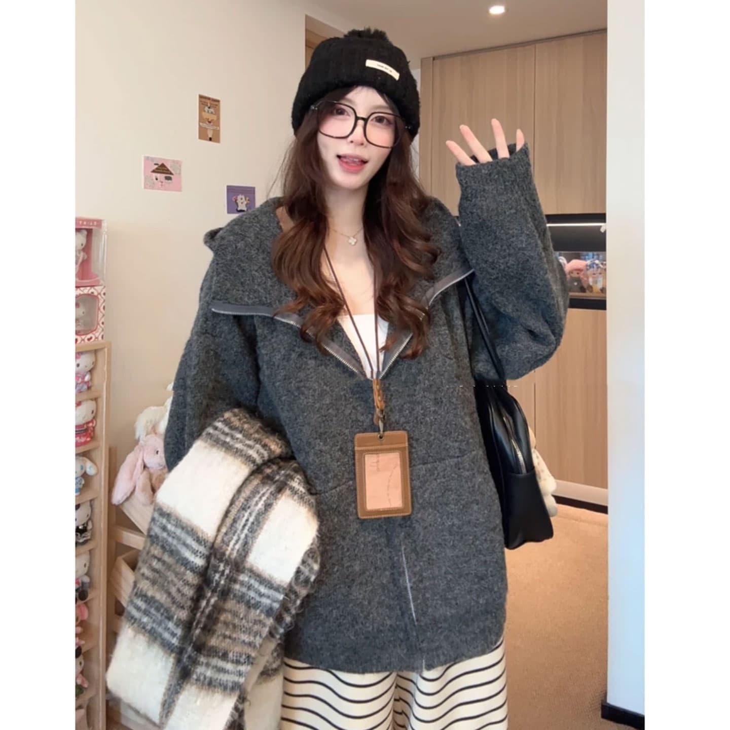 부드러운 느긋한 바람 핑크색 후드 지퍼 오픈 가디건 스웨터 여자 가을 겨울 두꺼운 루즈핏 다용도 니트 재킷 맨위 상세 이미지 3