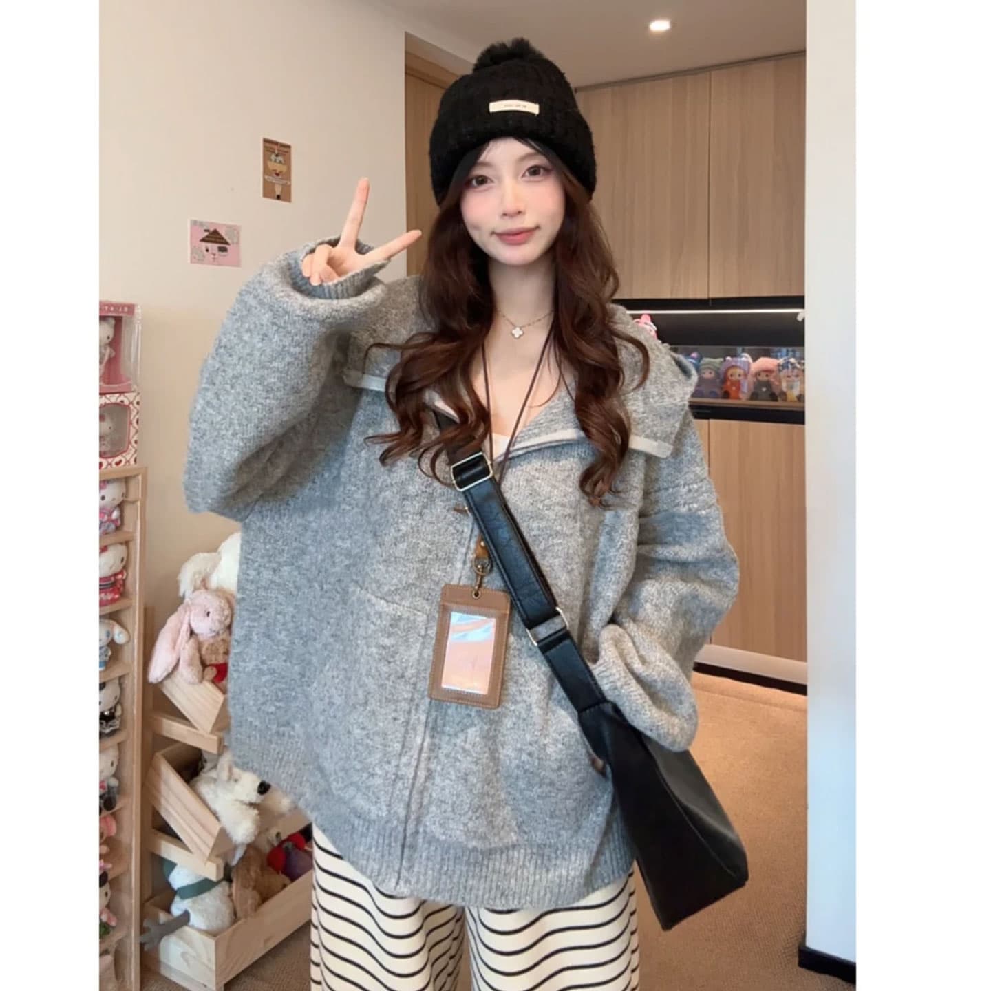 부드러운 느긋한 바람 핑크색 후드 지퍼 오픈 가디건 스웨터 여자 가을 겨울 두꺼운 루즈핏 다용도 니트 재킷 맨위 상세 이미지 4