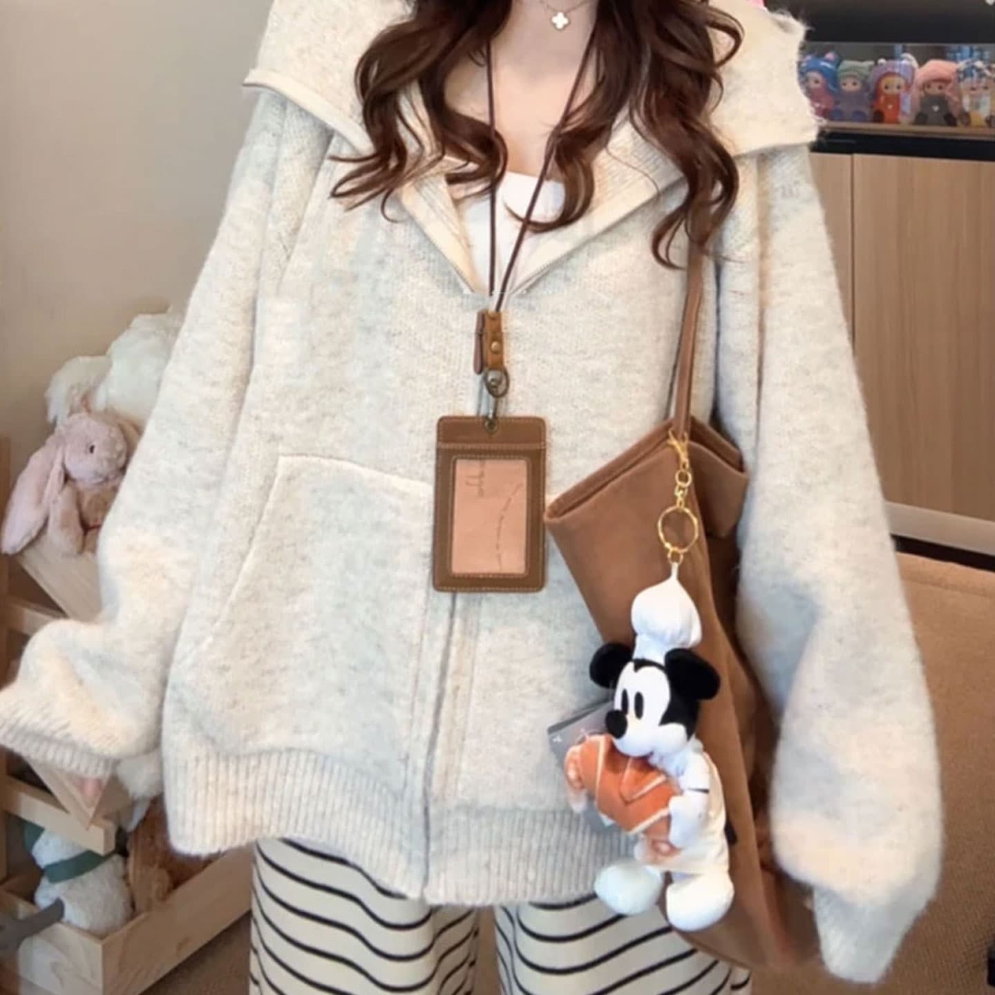 부드러운 느긋한 바람 핑크색 후드 지퍼 오픈 가디건 스웨터 여자 가을 겨울 두꺼운 루즈핏 다용도 니트 재킷 맨위 상세 이미지 5