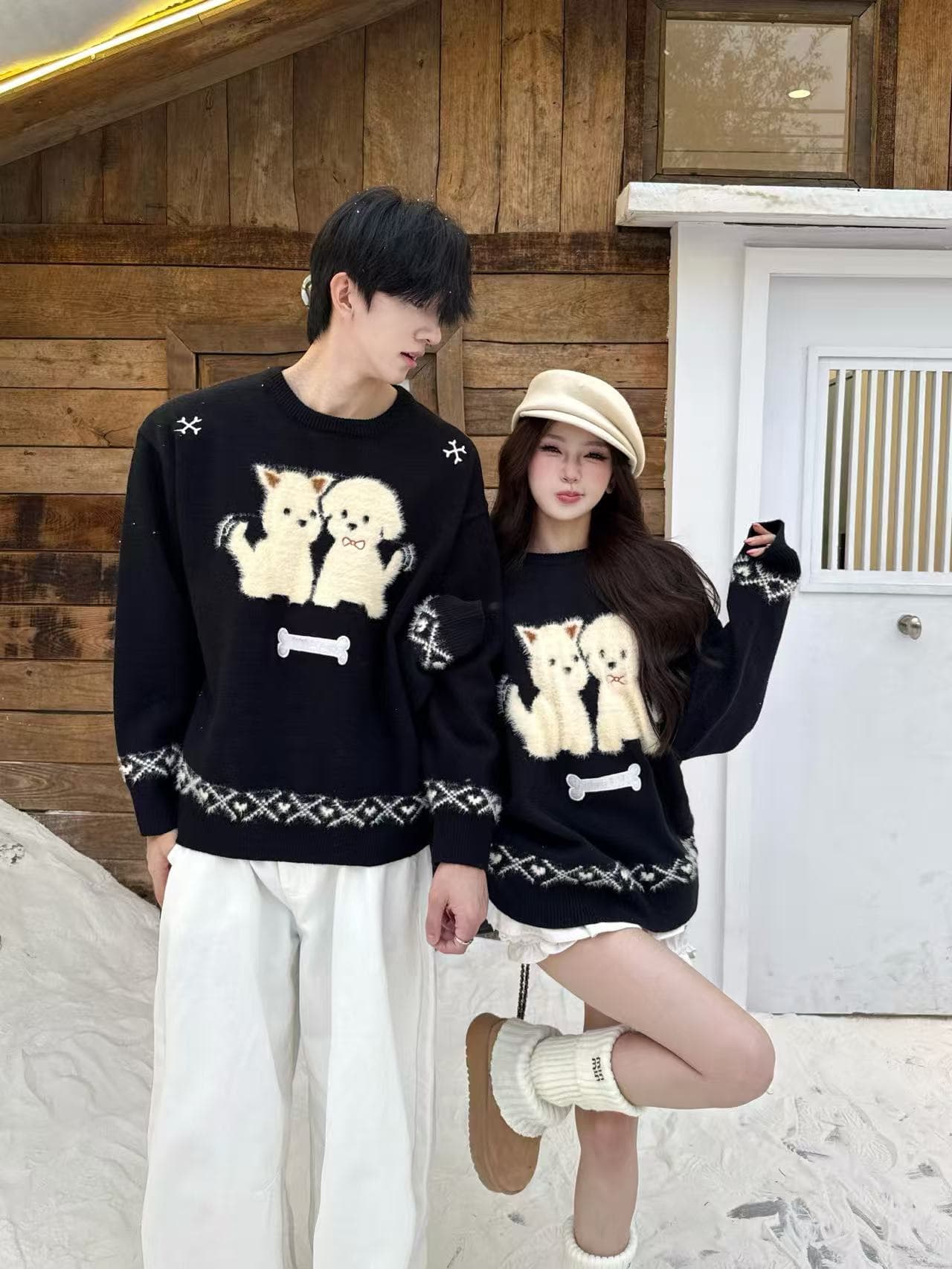커플룩 분위기 센스 귀여운 바람 강아지 스웨터 남녀 가을 겨울철 느긋한 고급 센스 크리스마스 루즈핏 니트 스웨터 이미지 4