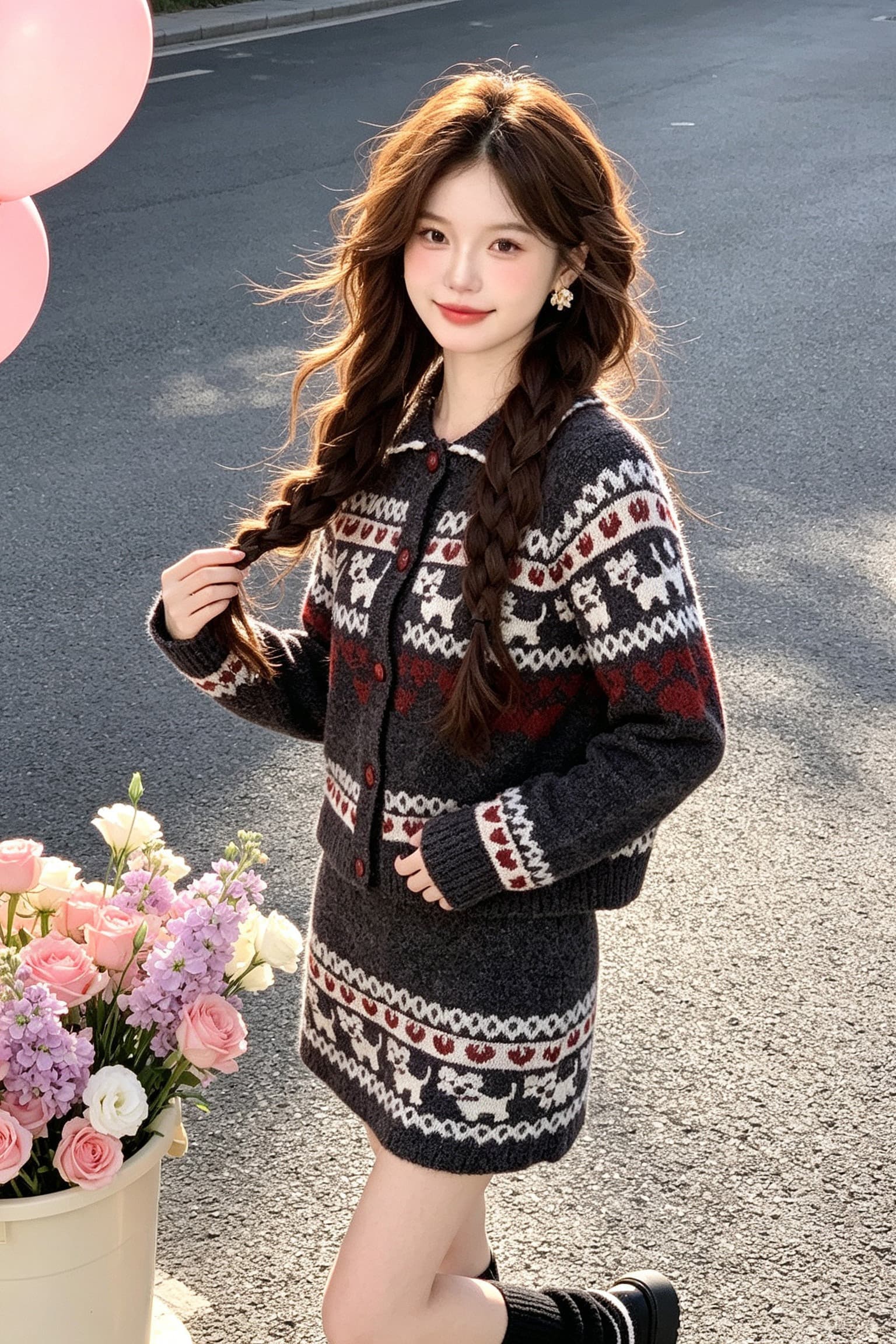 레트로 공정한 섬 강아지 자카드 니트 오픈 가디건 스웨터 반신 미니 스커트 세트 여성 이른 가을 학원 스타일 투피스 세트 이미지 6