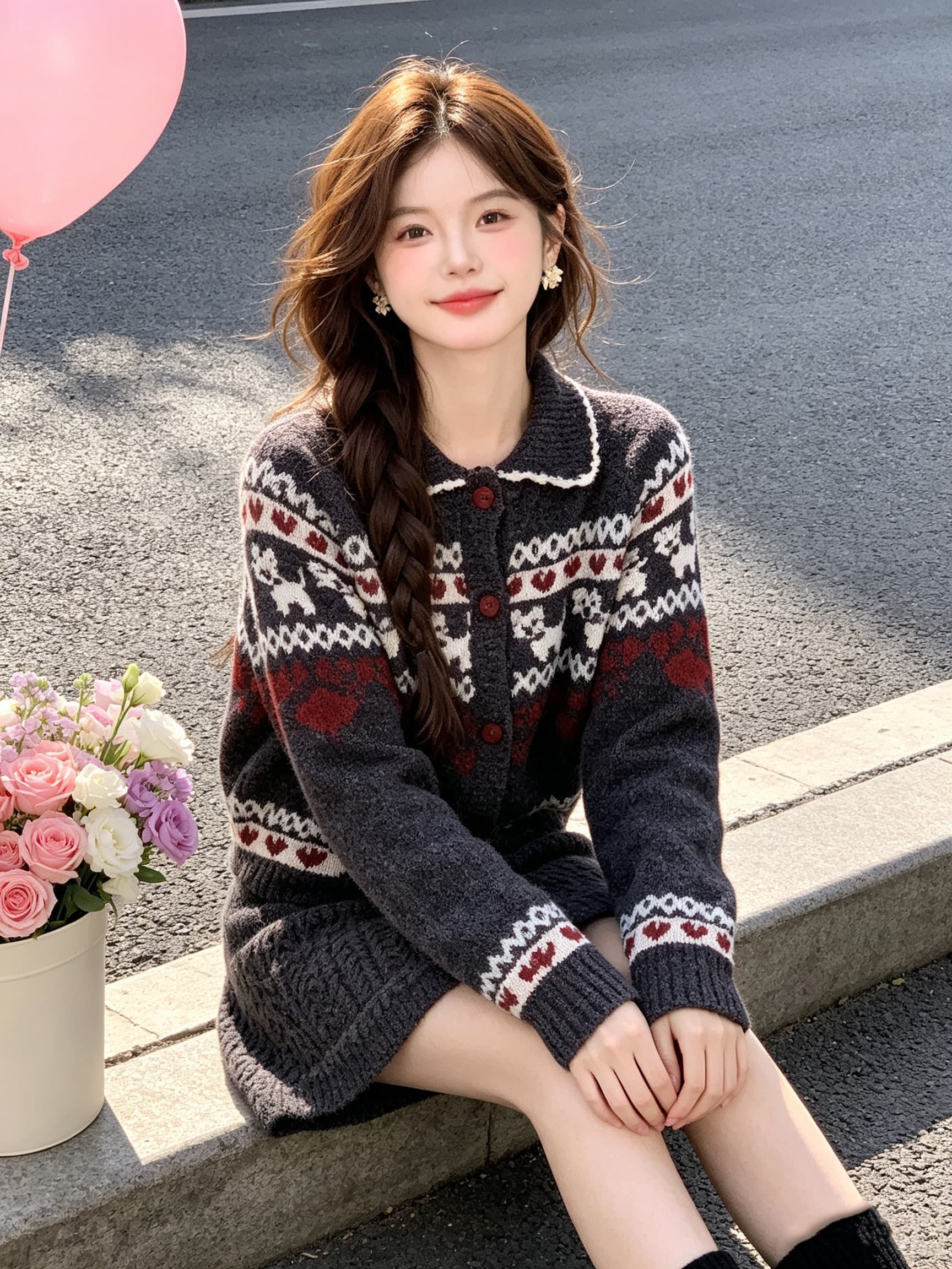레트로 공정한 섬 강아지 자카드 니트 오픈 가디건 스웨터 반신 미니 스커트 세트 여성 이른 가을 학원 스타일 투피스 세트 상세 이미지 3
