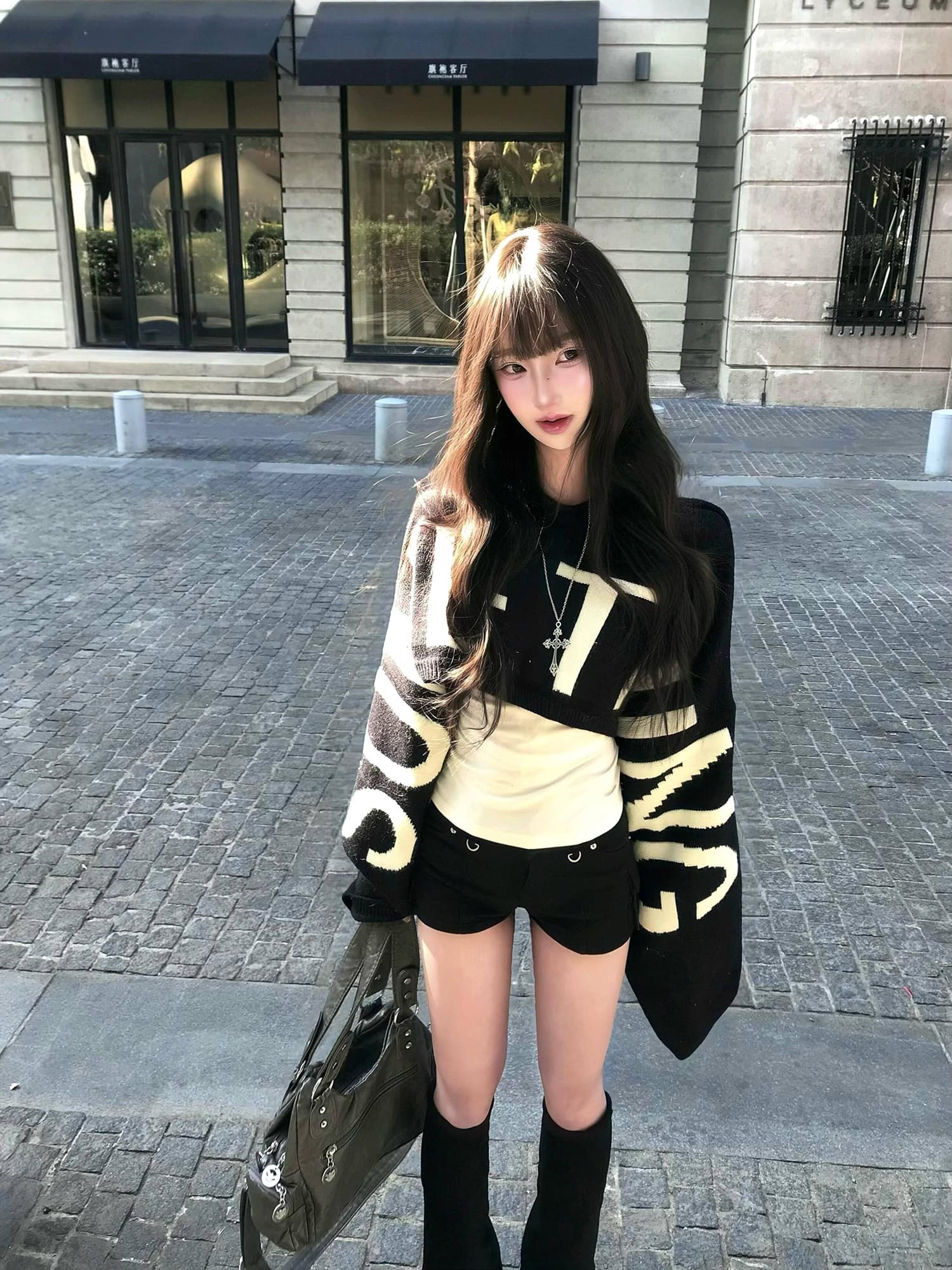 세 실 한 부서 레트로 느긋한 알파벳 쇼트 스타일 니트 스웨터 여성 가을 박쥐 긴팔 루즈핏 스웨터 여성 셔츠 상세 이미지 1