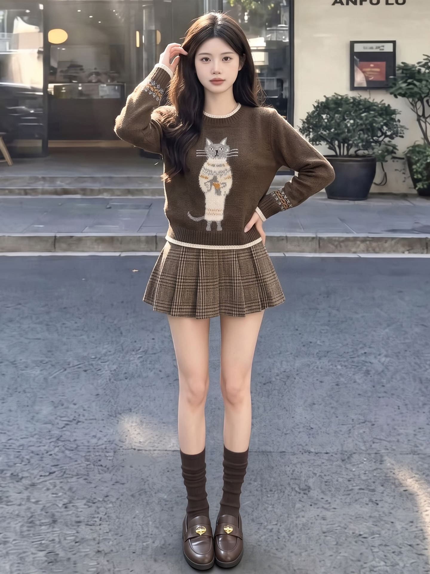 공정한 섬 자수 새끼 고양이 니트 스웨터 스웨터 여자 가을 겨울 라운드 넥 풀오버 부드러운 찹쌀 인사이드 가져 가라. 작은 키 느긋한 맨위 상세 이미지 1