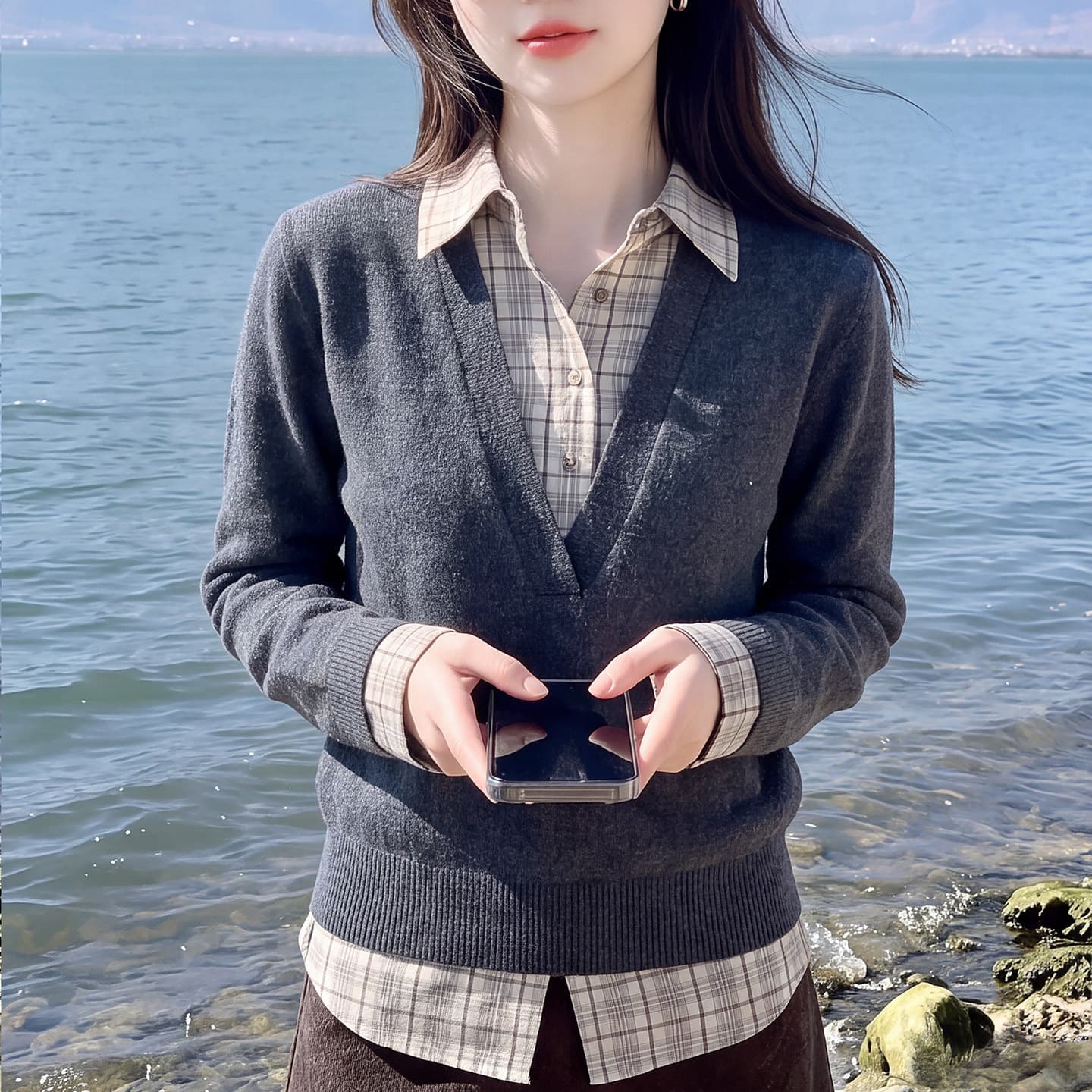 느긋한 회색 페이크 레이어드 스웨터 니트 스웨터 여성 가을 배색 디자인 센스 고유 한 아름다운 그레이트 봐. 옷 이미지 5