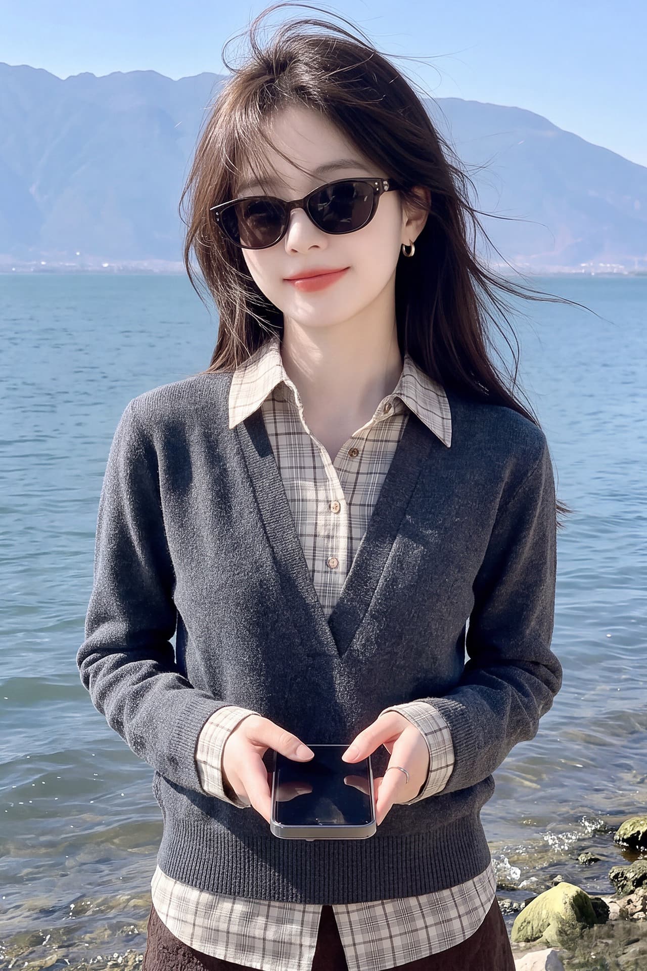 느긋한 회색 페이크 레이어드 스웨터 니트 스웨터 여성 가을 배색 디자인 센스 고유 한 아름다운 그레이트 봐. 옷 이미지 6