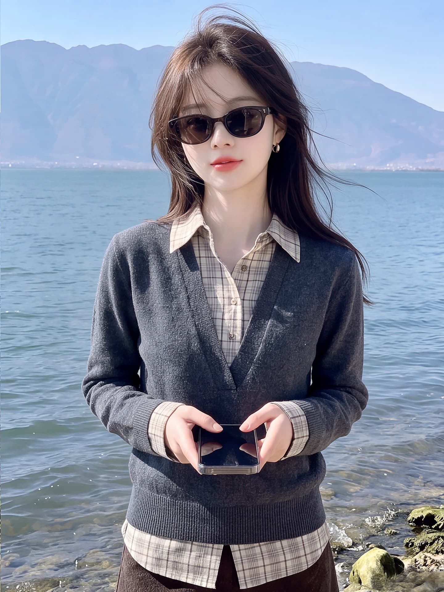 느긋한 회색 페이크 레이어드 스웨터 니트 스웨터 여성 가을 배색 디자인 센스 고유 한 아름다운 그레이트 봐. 옷 상세 이미지 4