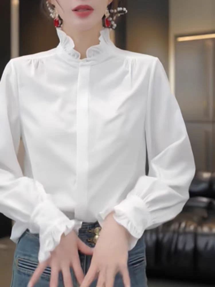 프랑스식 스탠드 칼라 화이트 여성 셔츠 고급 센스 2025 봄 가을 새로운 경력 프릴 꽃밭 칼라 궁정 바람 맨위