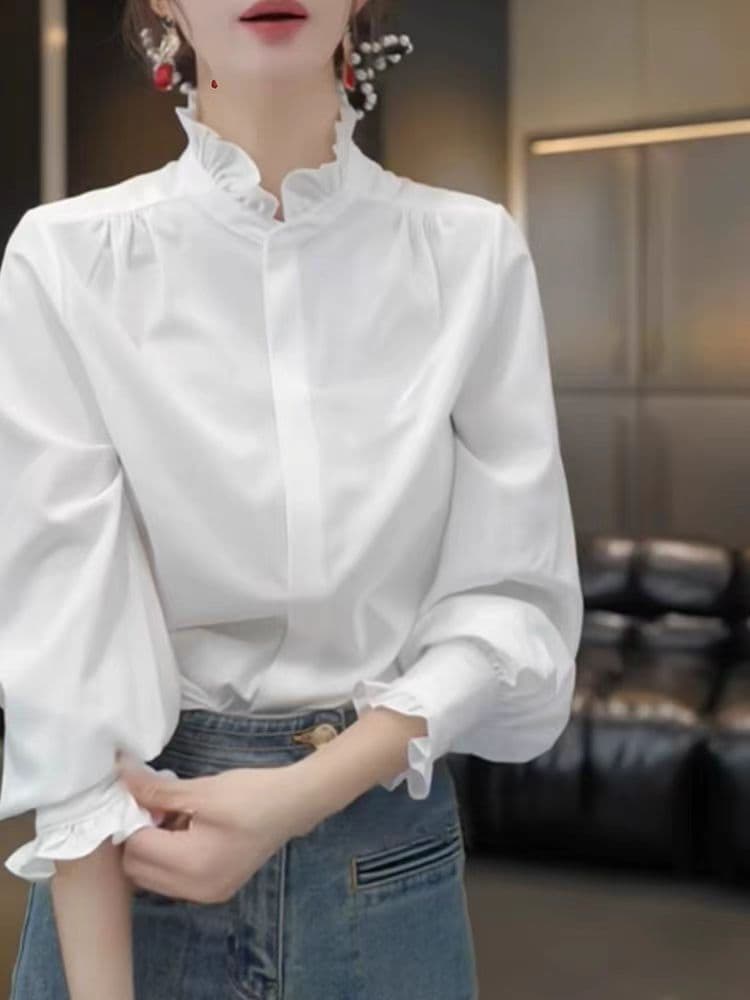프랑스식 스탠드 칼라 화이트 여성 셔츠 고급 센스 2025 봄 가을 새로운 경력 프릴 꽃밭 칼라 궁정 바람 맨위 상세 이미지 1