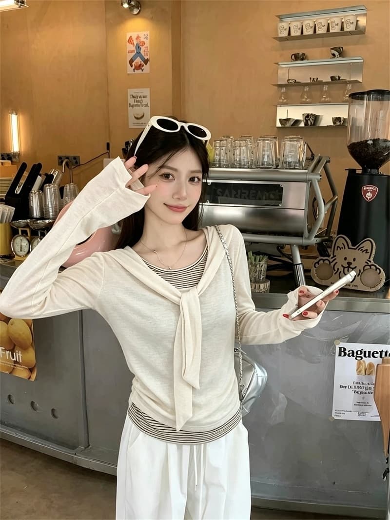 이른 가을 새로운 한 부서 네클라인 스트랩 페이크 레이어드 긴팔 티셔츠 여성