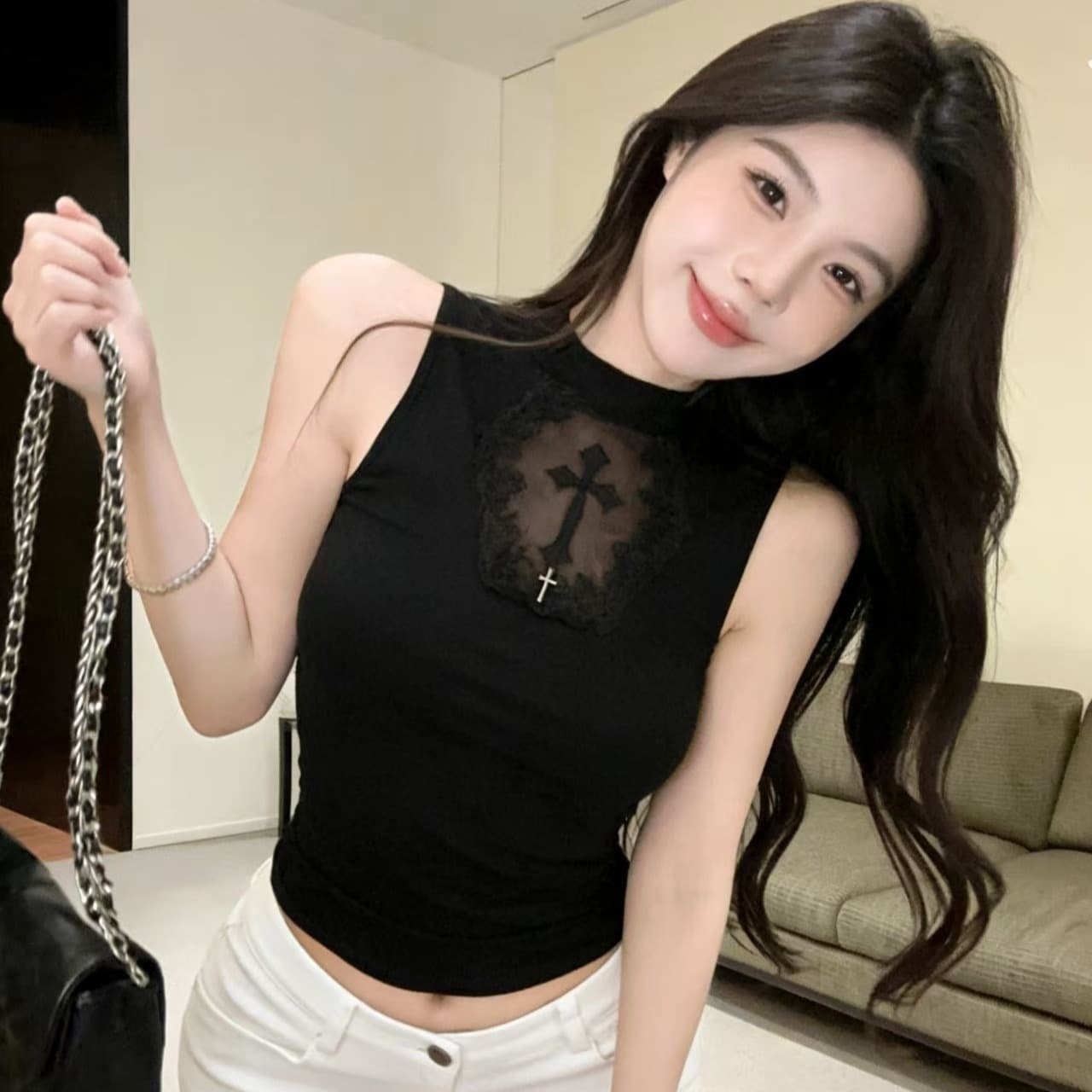 십자가 홀로우 아웃 캐미솔 여름 태국 사람 스타일 핫걸 민소매 인사이드 가져 가라. 슬립 작은 맨위 고유 한 고급 센스 이미지 3