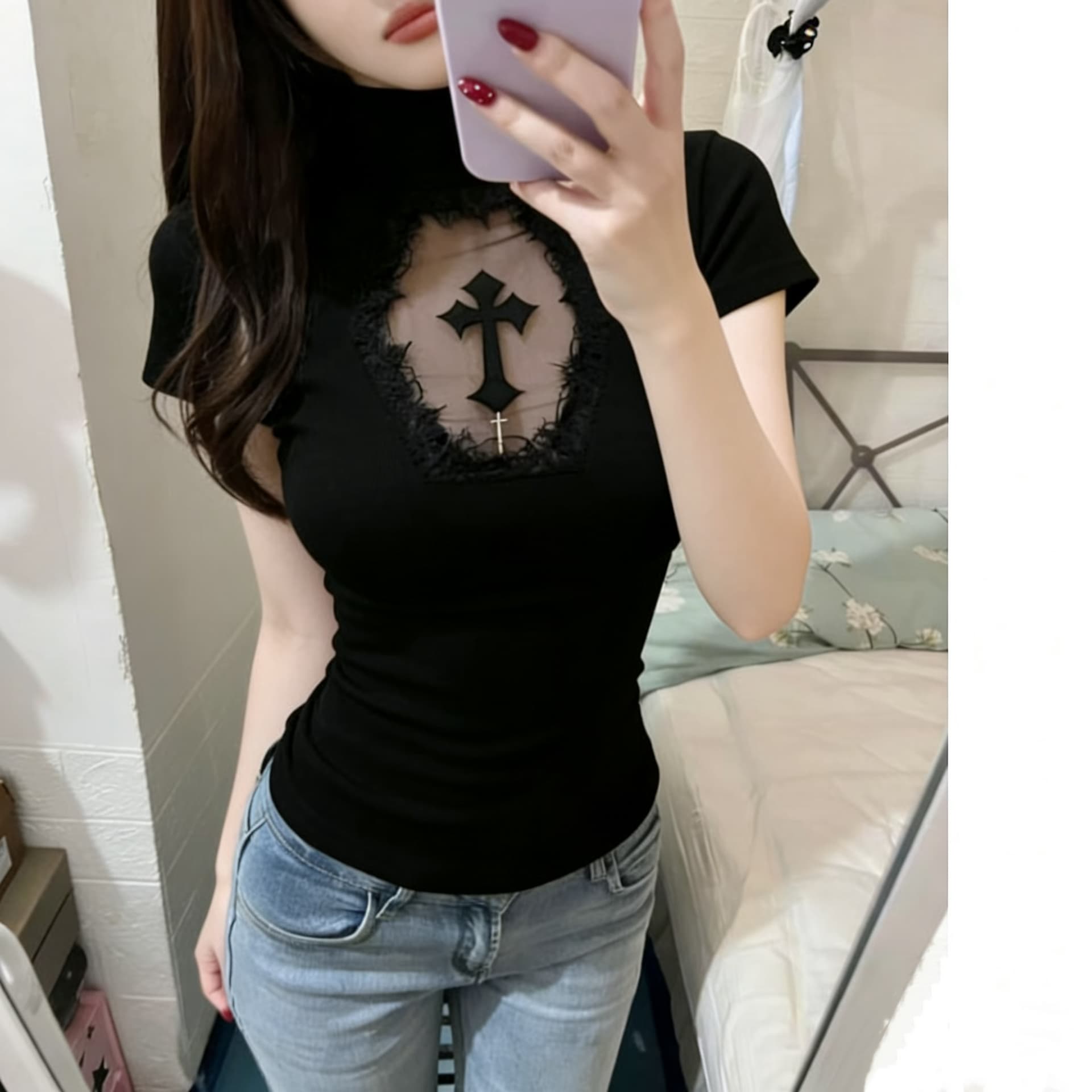 아메리칸 레트로 십자가 홀로우 아웃 마이크로 ~을 통해 라운드 넥 반팔 티셔츠 여성 여름 핫걸 타이트 기본 셔츠 맨위