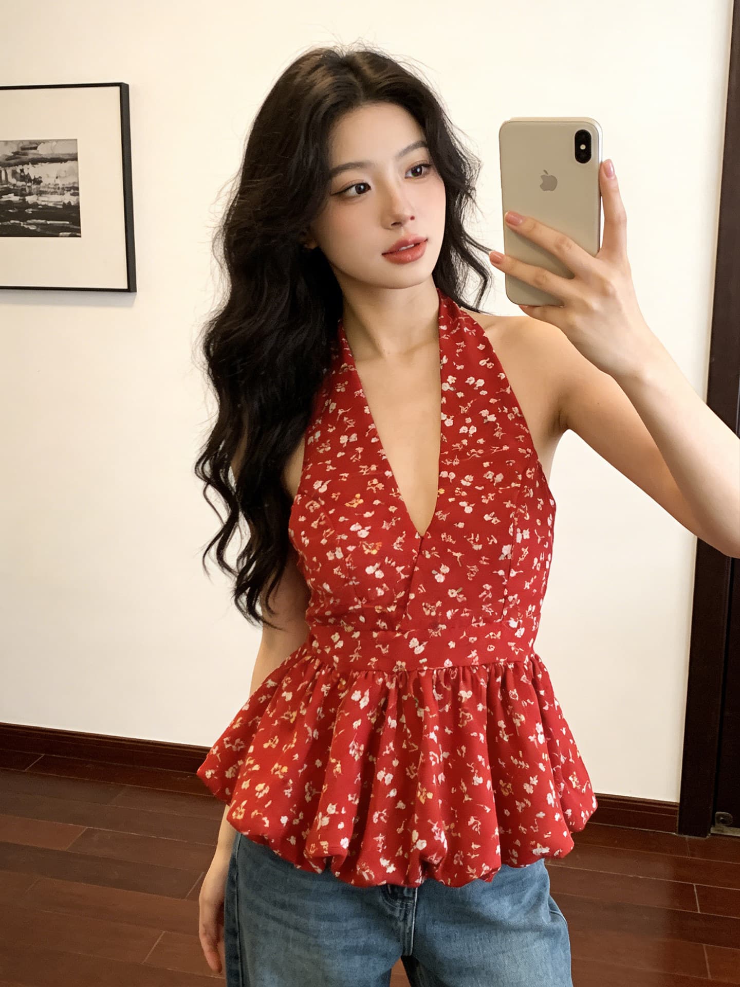 휴가 바람 플리츠 백리스 꽃밭 치마 맨위 여름 새로운 황색 꽃무늬 V넥 행침 목 레이스업 조끼 이미지 4