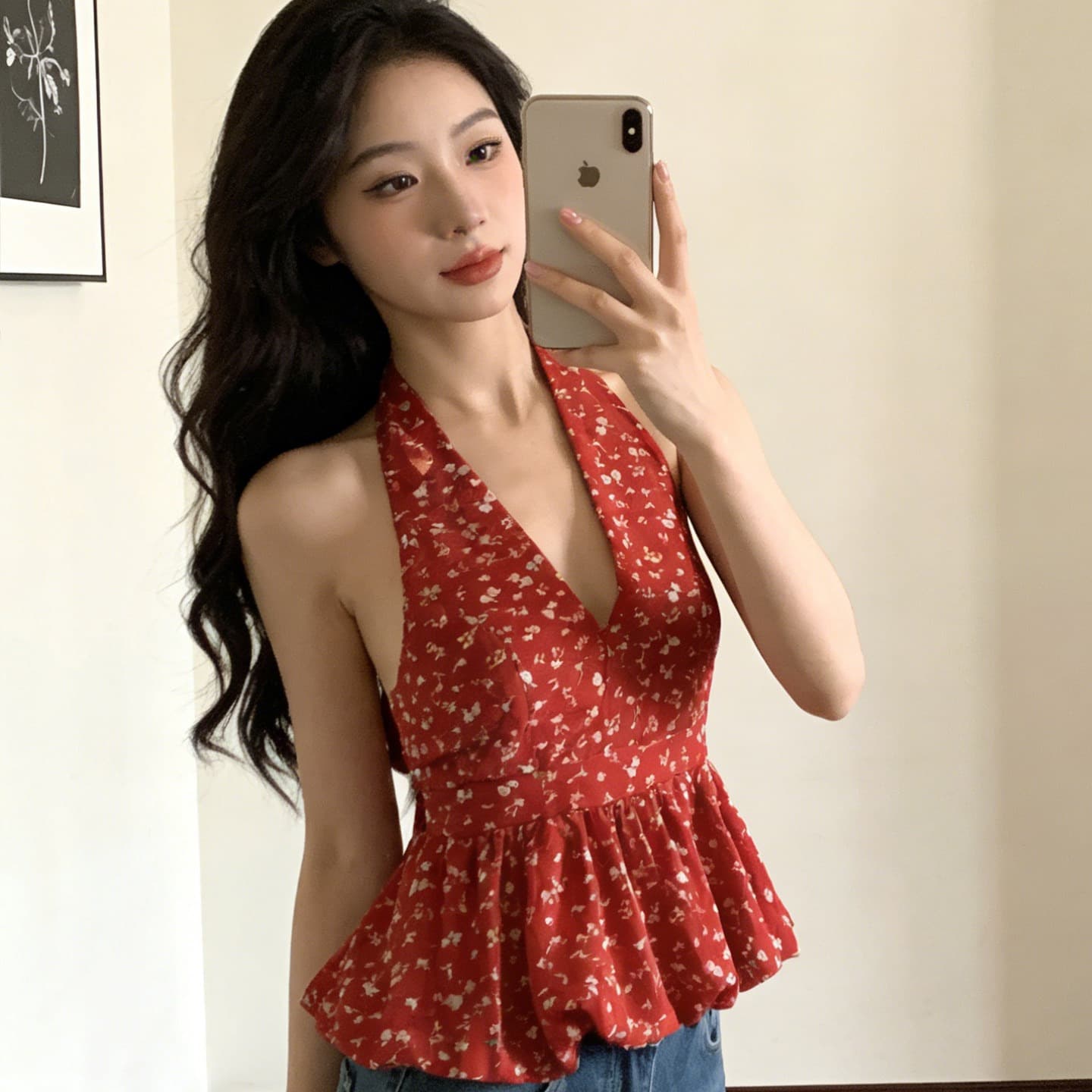 휴가 바람 플리츠 백리스 꽃밭 치마 맨위 여름 새로운 황색 꽃무늬 V넥 행침 목 레이스업 조끼 이미지 5