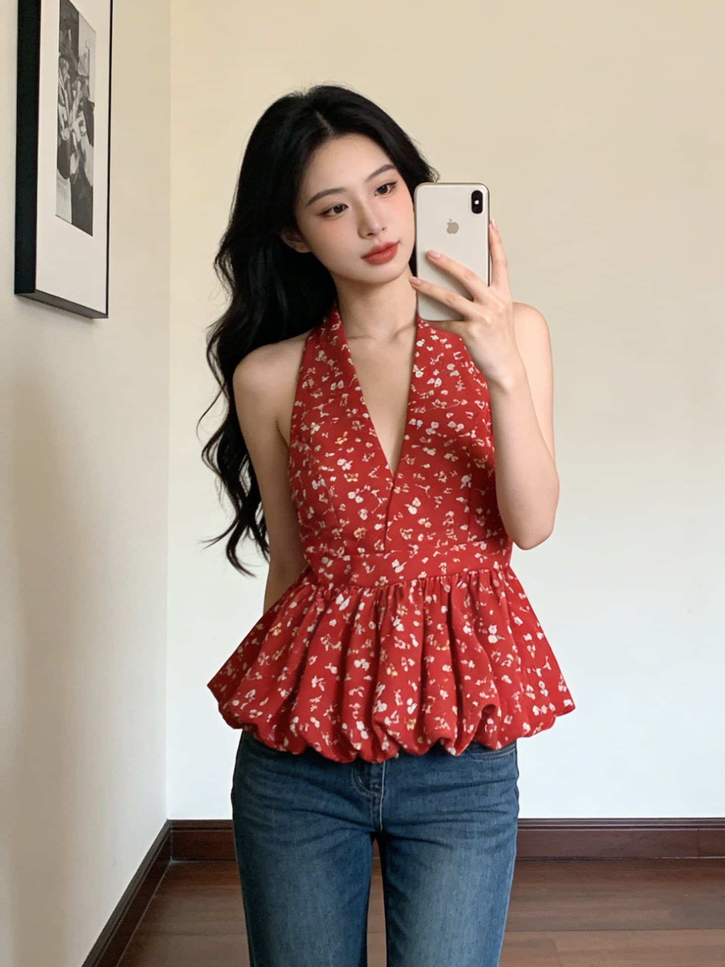 휴가 바람 플리츠 백리스 꽃밭 치마 맨위 여름 새로운 황색 꽃무늬 V넥 행침 목 레이스업 조끼 상세 이미지 6