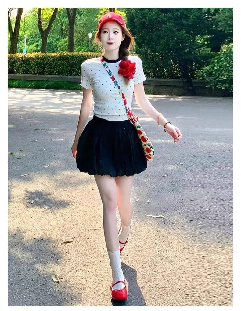 원본 것 꽃밭 미니 스커트 여성 여름 새로운 하이웨이스트 루즈핏 작은 키 한 마디 퍼프 플리츠 반신 스커트 상세 이미지 16