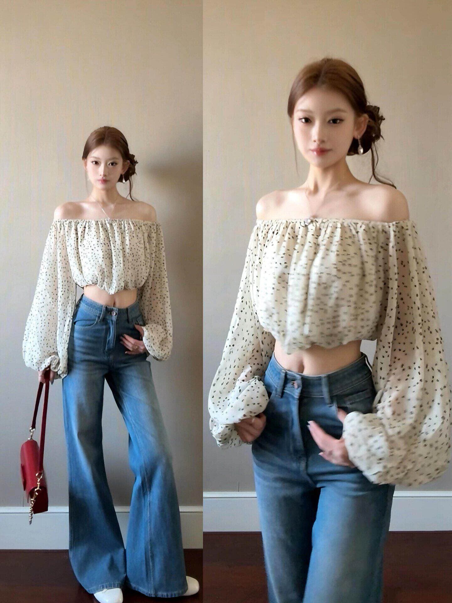 프랑스식 오프숄더 꽃무늬 긴팔 여성 셔츠 조기 봄 셔츠 핫걸 쇼트 스타일 품격 디자인 센스 오프숄더 맨위