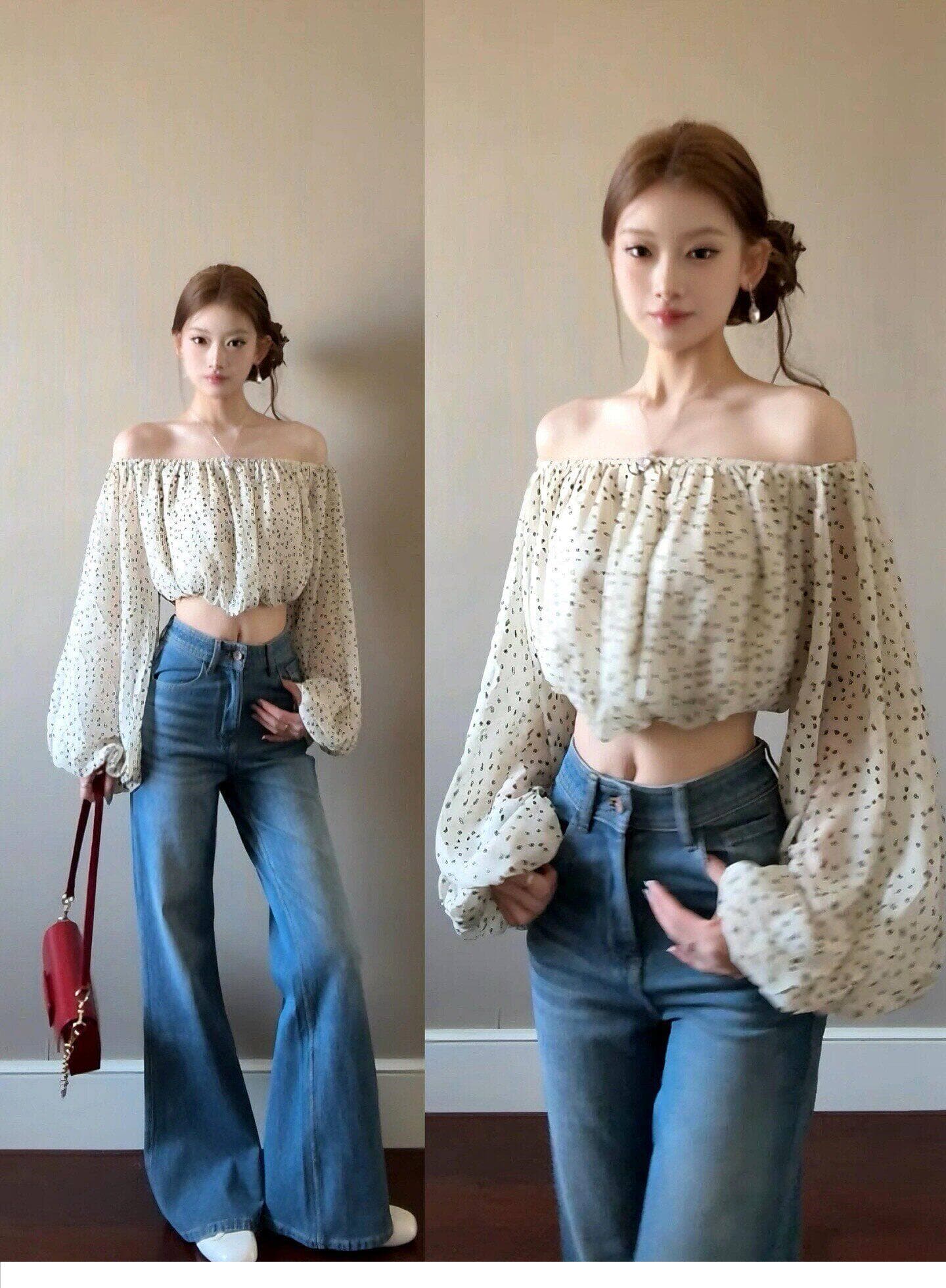 프랑스식 오프숄더 꽃무늬 긴팔 여성 셔츠 조기 봄 셔츠 핫걸 쇼트 스타일 품격 디자인 센스 오프숄더 맨위 상세 이미지 2