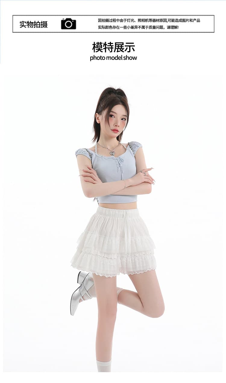한 부서 달콤한 자매 레이스 레이어링 퍼프 캐주얼 바지 밴딩 펌프 로프 하이웨이스트 화이트 반바지 노출 방지 다용도 상세 이미지 14