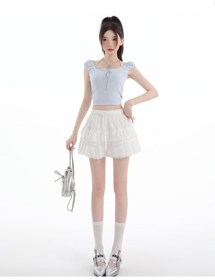 한 부서 달콤한 자매 레이스 레이어링 퍼프 캐주얼 바지 밴딩 펌프 로프 하이웨이스트 화이트 반바지 노출 방지 다용도 상세 이미지 21