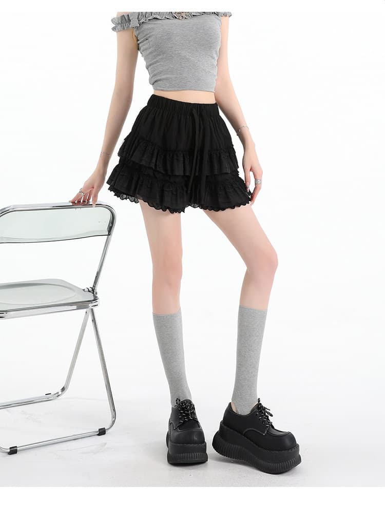 한 부서 달콤한 자매 레이스 레이어링 퍼프 캐주얼 바지 밴딩 펌프 로프 하이웨이스트 화이트 반바지 노출 방지 다용도 상세 이미지 35