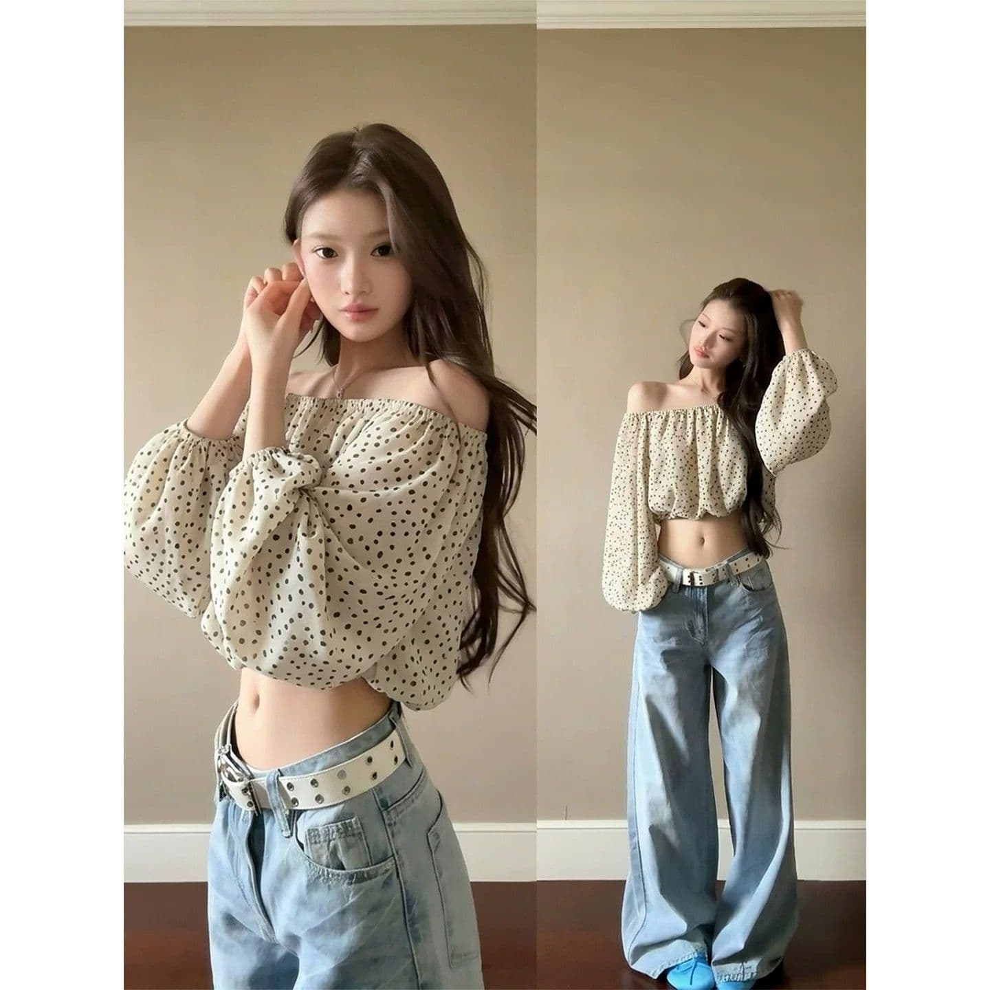 프랑스식 한 단어 오프숄더 도트 무늬 작은 맨위 고급 센스 여성 여름 고유 한 아름다운 꼬집기 허리 디자인 센스 작은 대중 상세 이미지 2