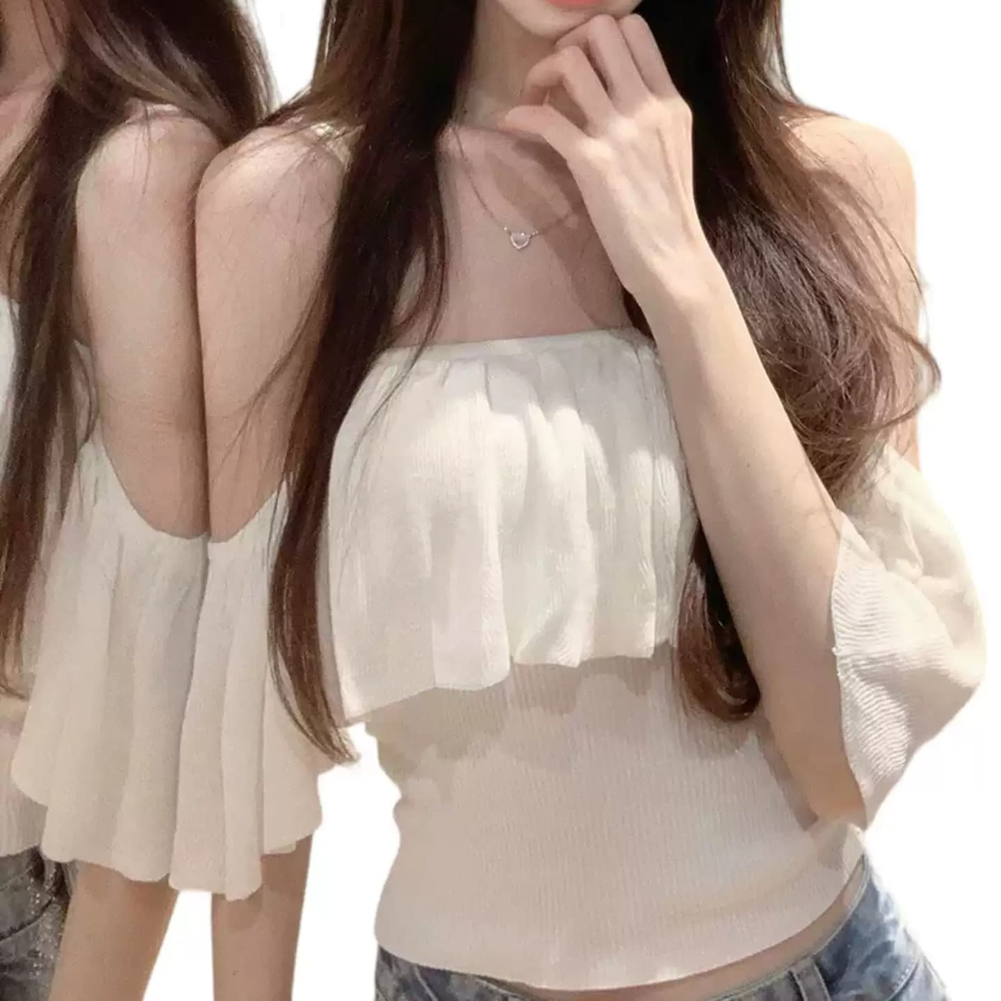 부드러운 순수한 욕망 바람 오프숄더 프릴 작은 대중 디자인 센스 튜브탑 t 셔츠 슬림해 보이는 다용도 핫걸 오프숄더 이미지 5
