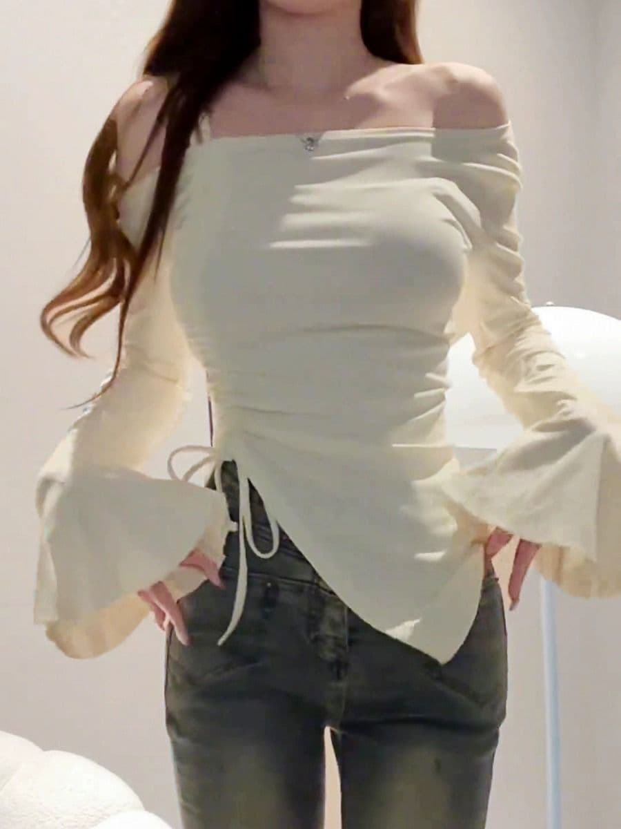 사람들 면 원단 순수한 욕망 새로운 나팔 소매 오프숄더 티셔츠 여성 핫걸 디자인 센스 슬림해 보이는 만나는 펌프 로프 맨위 상세 이미지 2