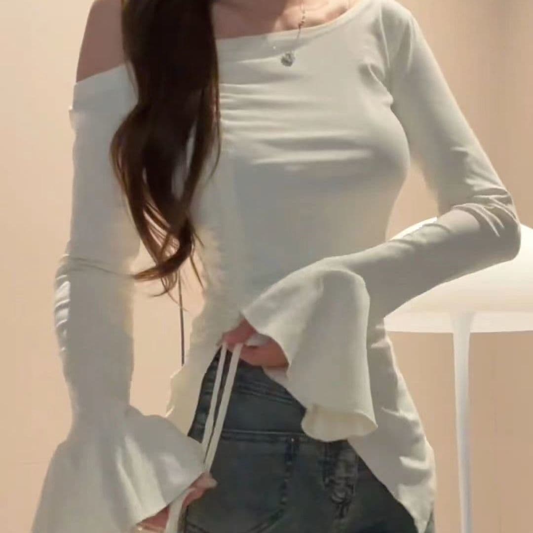 사람들 면 원단 순수한 욕망 새로운 나팔 소매 오프숄더 티셔츠 여성 핫걸 디자인 센스 슬림해 보이는 만나는 펌프 로프 맨위 상세 이미지 9