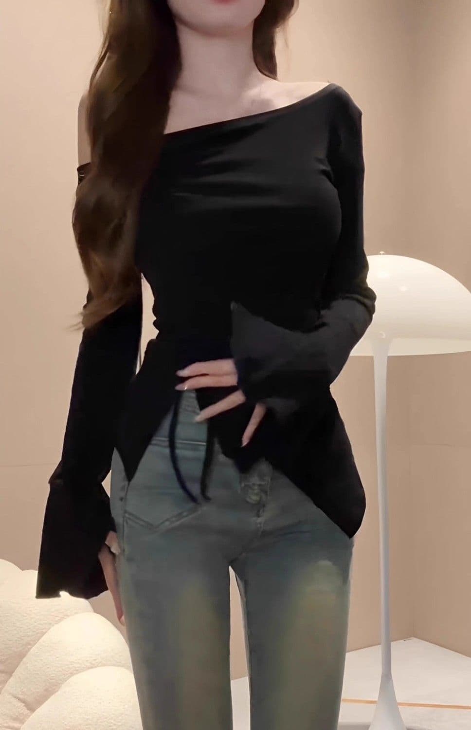 사람들 면 원단 프랑스식 검정색 슬립 오프숄더 맨위 여성 이른 가을 새로운 디자인 센스 작은 대중 펌프 로프 상세 이미지 8