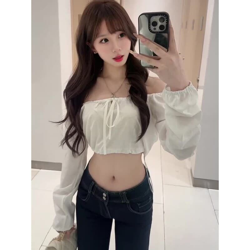순수한 욕망 바람 오프숄더 쇼트 스타일 이슬 허리 레이스업 나비 매듭 핫걸 슬림해 보이는 작은 대중 오프숄더 달콤한 차가운 작은 키