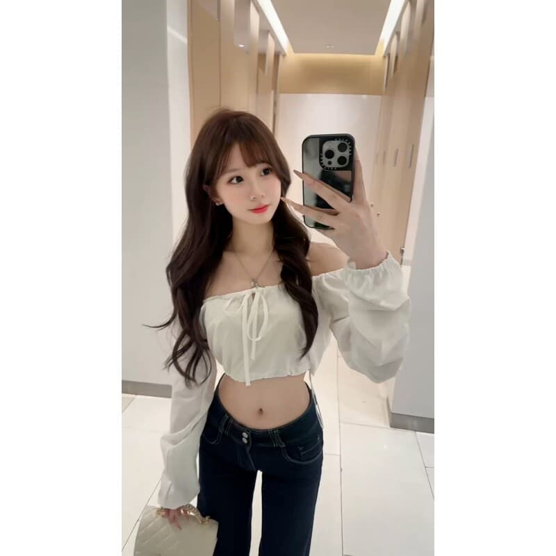 순수한 욕망 바람 오프숄더 쇼트 스타일 이슬 허리 레이스업 나비 매듭 핫걸 슬림해 보이는 작은 대중 오프숄더 달콤한 차가운 작은 키 이미지 4