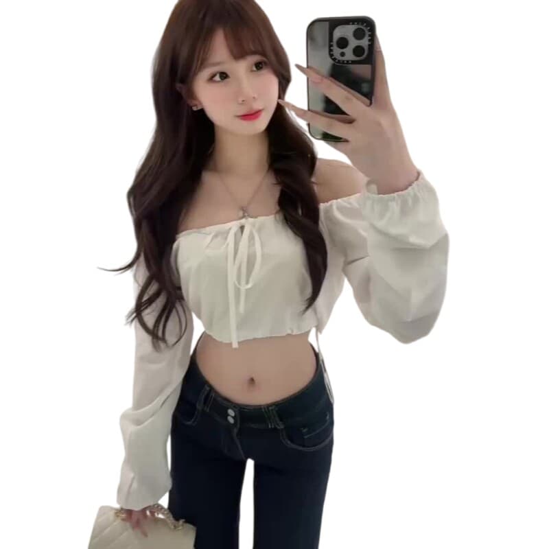 순수한 욕망 바람 오프숄더 쇼트 스타일 이슬 허리 레이스업 나비 매듭 핫걸 슬림해 보이는 작은 대중 오프숄더 달콤한 차가운 작은 키 상세 이미지 3