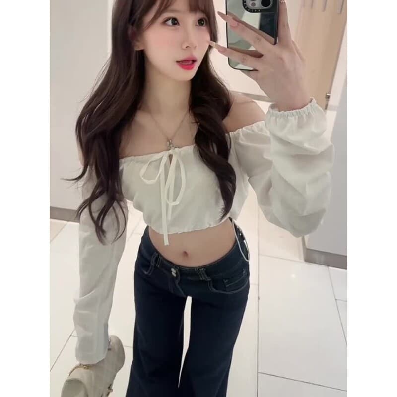 순수한 욕망 바람 오프숄더 쇼트 스타일 이슬 허리 레이스업 나비 매듭 핫걸 슬림해 보이는 작은 대중 오프숄더 달콤한 차가운 작은 키 상세 이미지 4