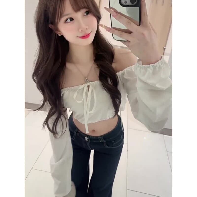 순수한 욕망 바람 오프숄더 쇼트 스타일 이슬 허리 레이스업 나비 매듭 핫걸 슬림해 보이는 작은 대중 오프숄더 달콤한 차가운 작은 키 상세 이미지 7