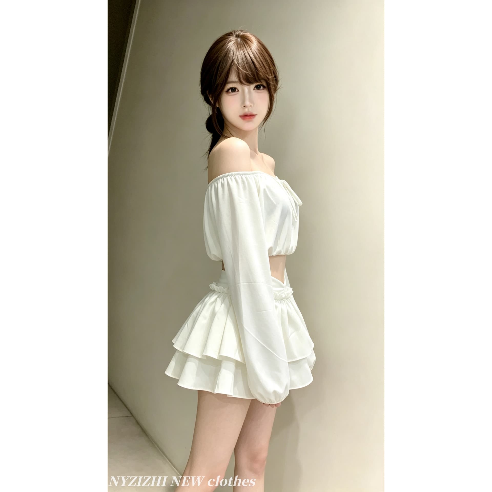 순수한 욕망 바람 오프숄더 세트 여성 핫걸 오프숄더 긴팔 짧은 맨위 하이웨이스트 이중층 케이크 미니 스커트 투피스 세트 상세 이미지 5
