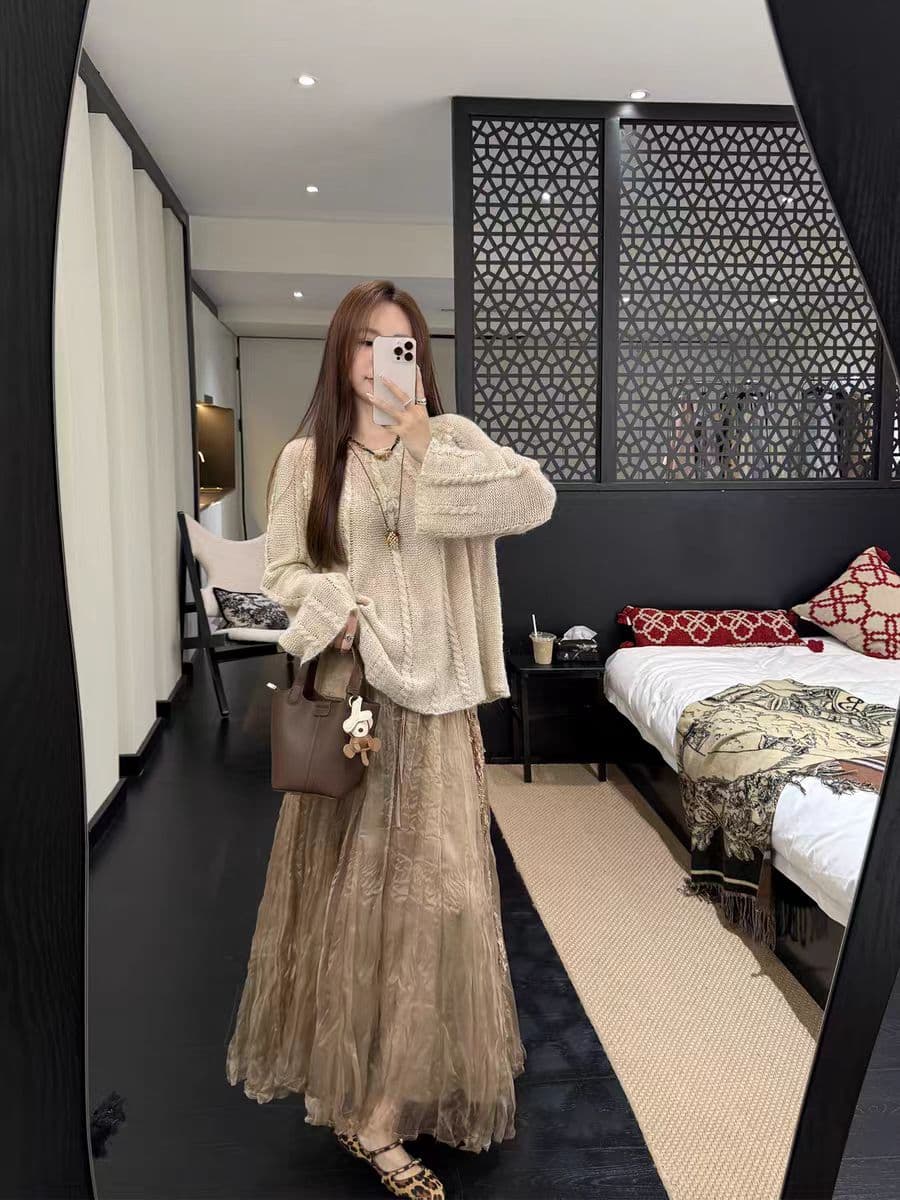 장 수렴성의 수렴성의 25 이른 봄 뮤 바람 리플 커피 색상 압력 크레이프 레이스 술 주름 반신 스커트 술 수 있습니다. 철거 이미지 2