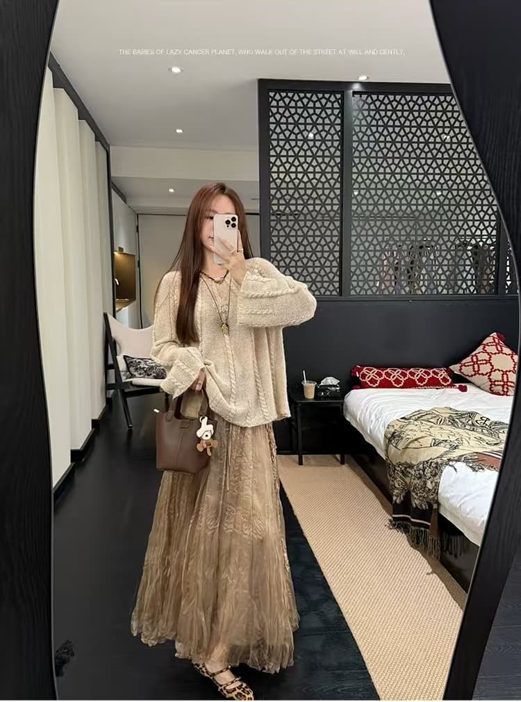 25 가을 醺 물론 제직 꿈 밀크 티 색상 양 낙타 양모 수공 자수 느긋한 스웨터 반신 치마 세트 이미지 4