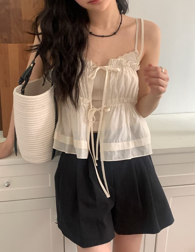 재고 상품 chic 한 부서 봄 여름 달콤함 작은 레이스 섹시함 나비 매듭 스트랩 전후 스택 착용 캐미솔 의류 여성 상세 이미지 2