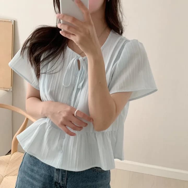 chic 한 부서 여름 부드러운 달콤함 나비 매듭 주름 장식 디자인 센스 Feifei 소매 패션 다용도 셔츠 맨위 이미지 4