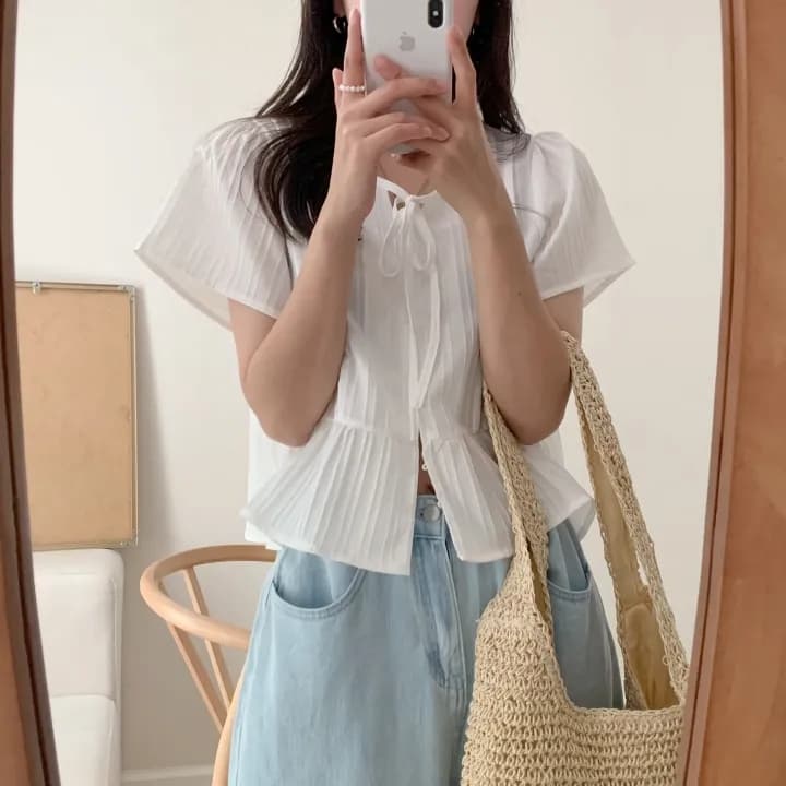 chic 한 부서 여름 부드러운 달콤함 나비 매듭 주름 장식 디자인 센스 Feifei 소매 패션 다용도 셔츠 맨위 상세 이미지 1