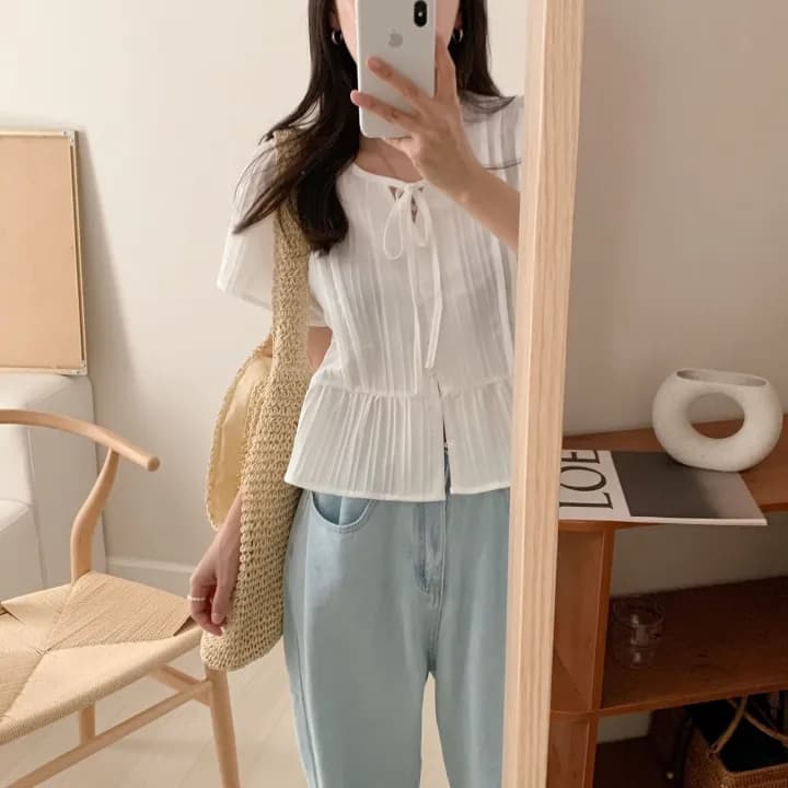 chic 한 부서 여름 부드러운 달콤함 나비 매듭 주름 장식 디자인 센스 Feifei 소매 패션 다용도 셔츠 맨위 상세 이미지 4