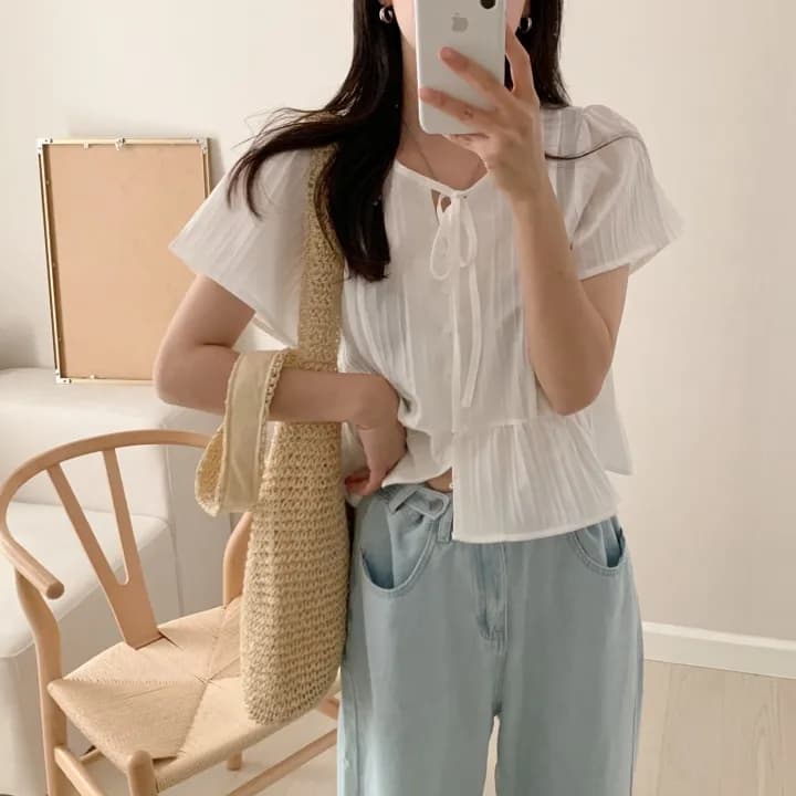chic 한 부서 여름 부드러운 달콤함 나비 매듭 주름 장식 디자인 센스 Feifei 소매 패션 다용도 셔츠 맨위 상세 이미지 5