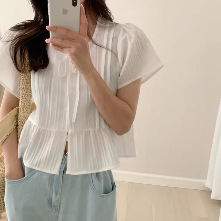 chic 한 부서 여름 부드러운 달콤함 나비 매듭 주름 장식 디자인 센스 Feifei 소매 패션 다용도 셔츠 맨위 상세 이미지 9