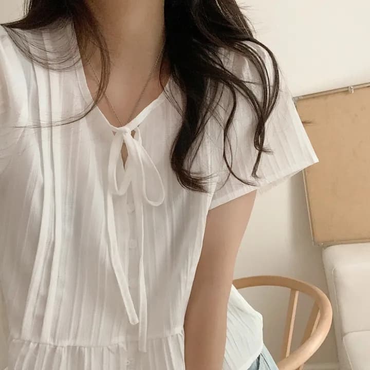 chic 한 부서 여름 부드러운 달콤함 나비 매듭 주름 장식 디자인 센스 Feifei 소매 패션 다용도 셔츠 맨위 상세 이미지 10