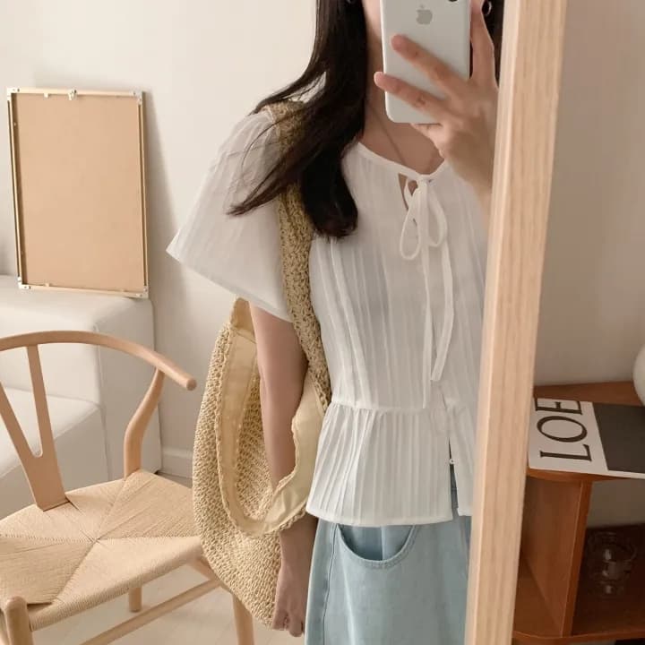 chic 한 부서 여름 부드러운 달콤함 나비 매듭 주름 장식 디자인 센스 Feifei 소매 패션 다용도 셔츠 맨위 상세 이미지 12